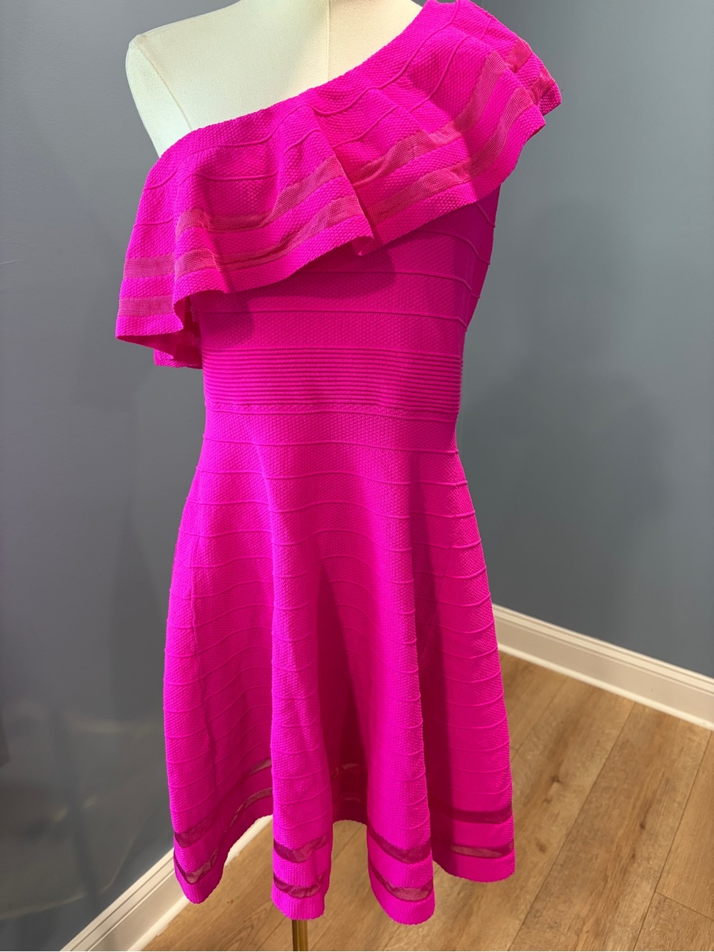 Ted Baker London Hot Pink One Shoulder Ruffle Knit Fit & Flare Dress Size 4